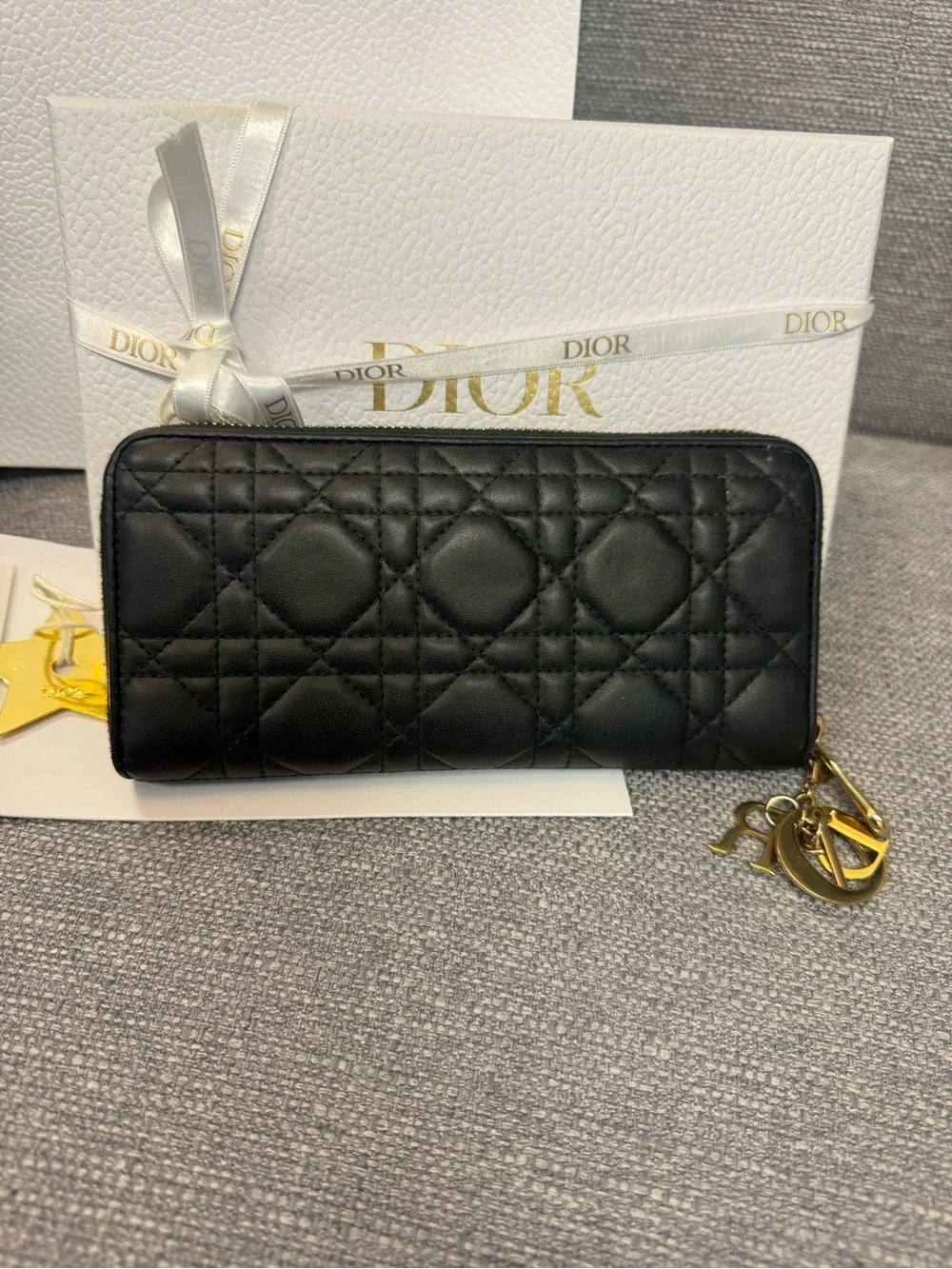 Dior Black Quilted Lady Dior Voyauger Zip Wallet with Gold Charms